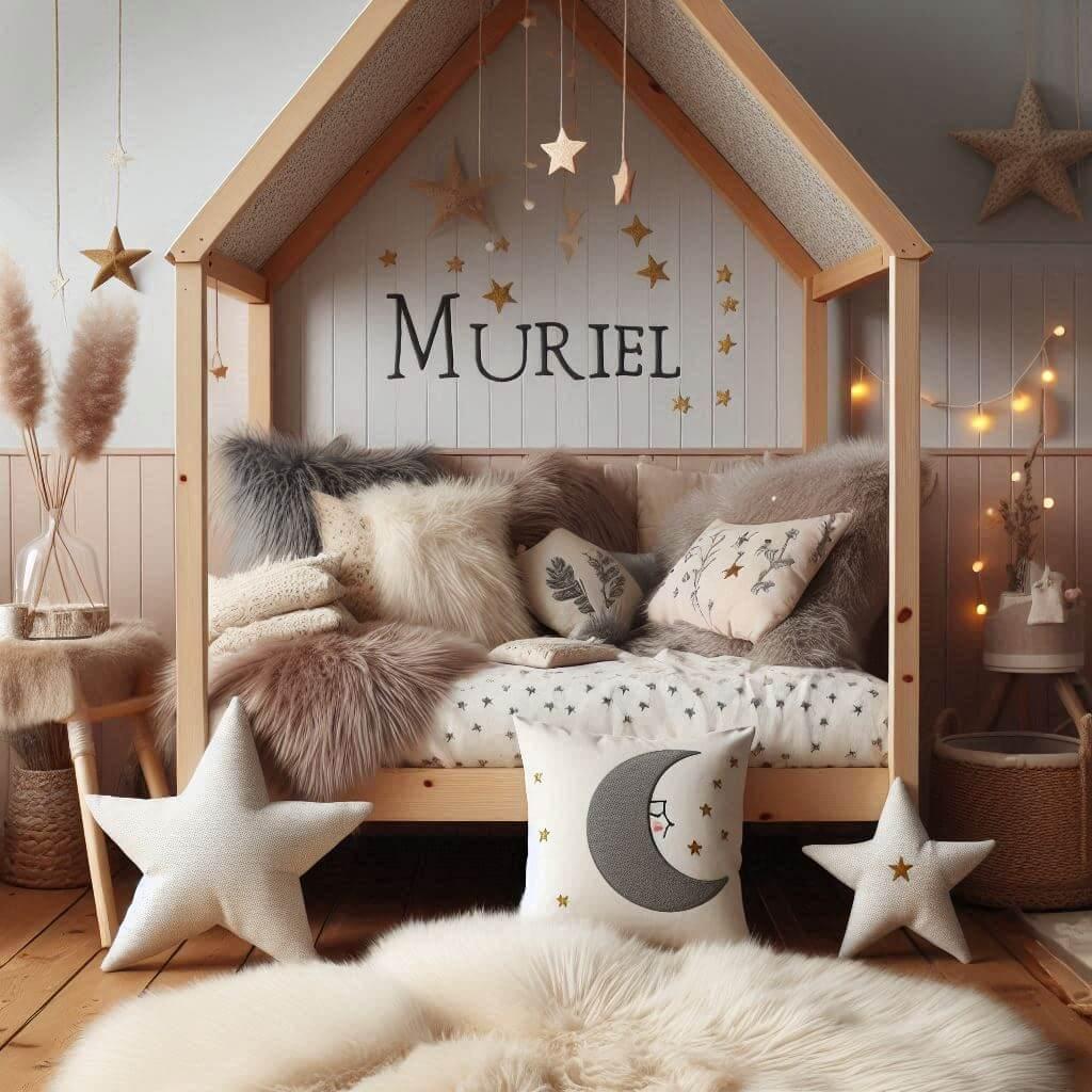Une chambre de petite fille qui se nomme muriel avec un lit cabane un tapis de fourure style scandinave coussins en forme detoiles coussins en forme de lune