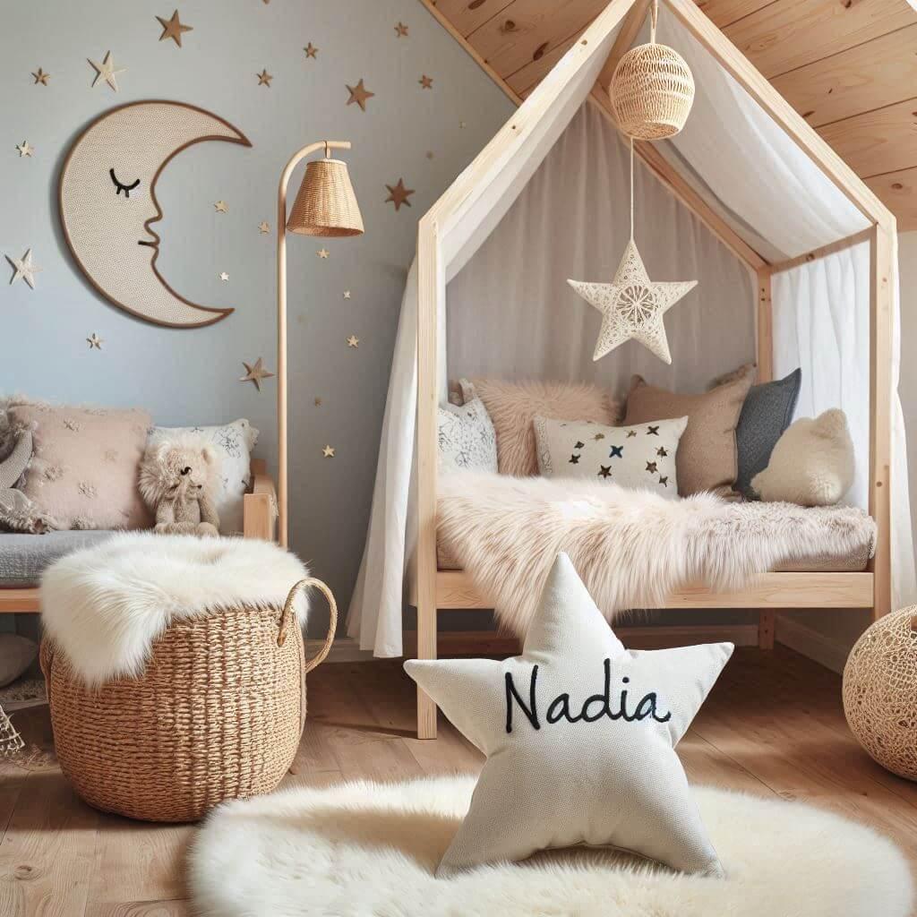 Une chambre de petite fille qui se nomme nadia avec un lit cabane un tapis de fourure style scandinave