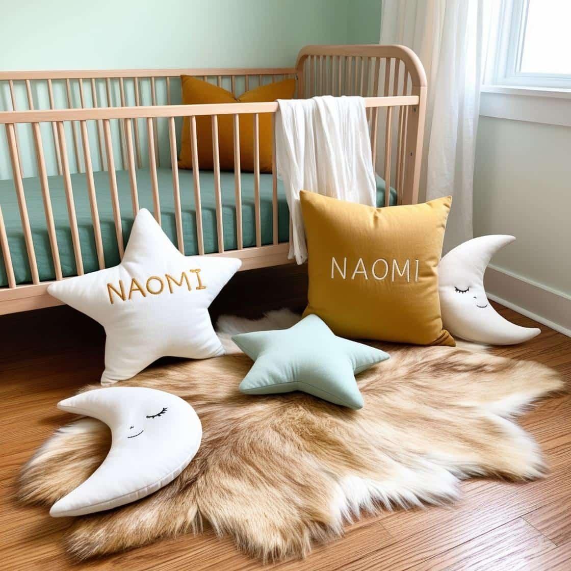 Une chambre de petite fille qui se nomme naomi avec un lit montessori un tapis de fourrure style vintage coussins en forme d etoiles coussins en forme de lune naomi est brode sur u