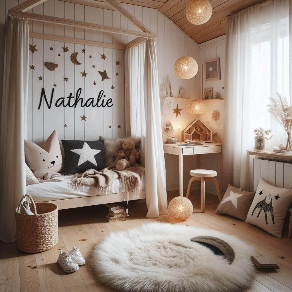 Une chambre de petite fille qui se nomme nathalie avec un lit cabane un tapis de fourrure style scandinave coussins en forme detoiles coussins en forme de lune nathalie est brode s