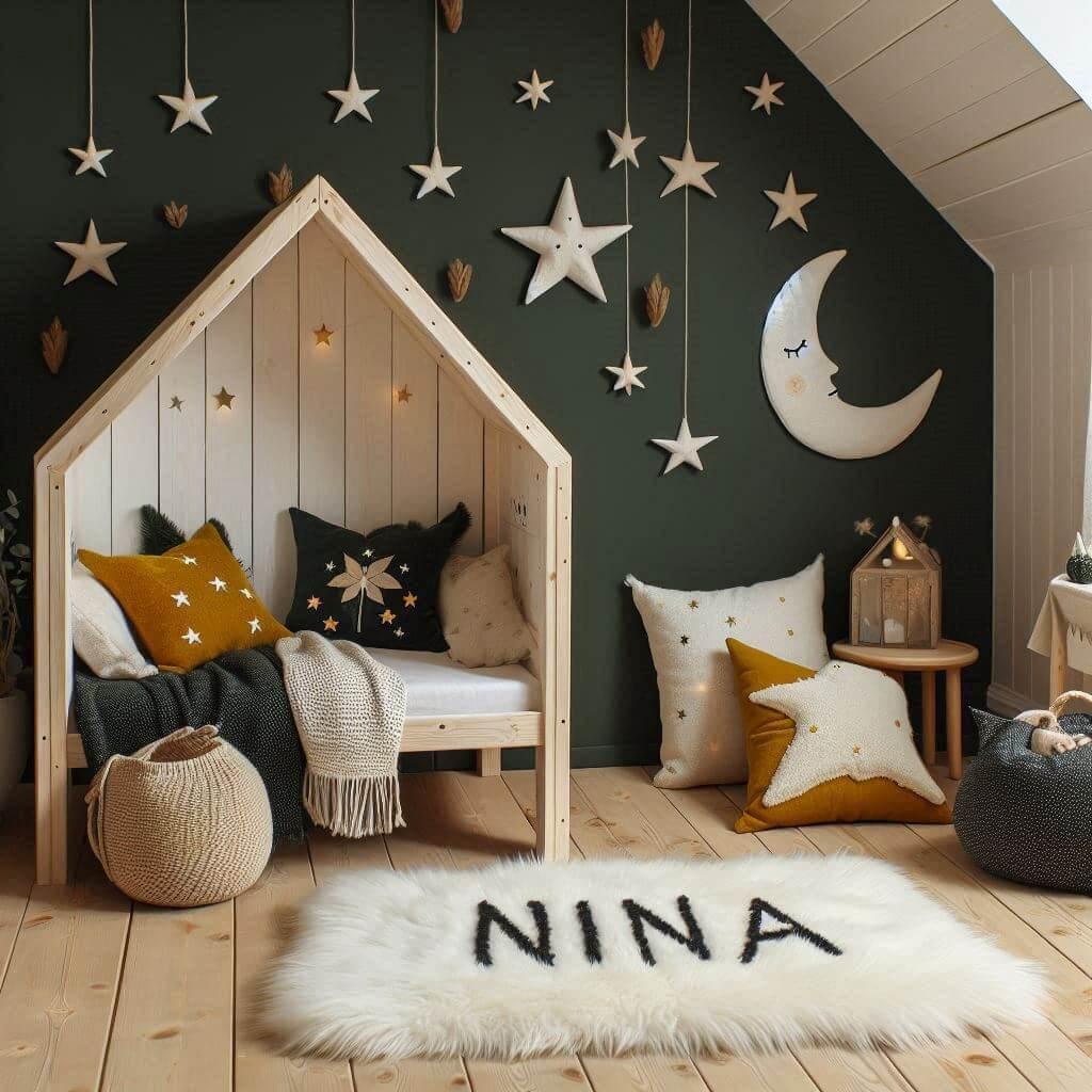 Chambre de petite fille avec lit cabane, tapis de fourrure style scandinave, coussins étoiles et lune, prénom Nina brodé sur un coussin