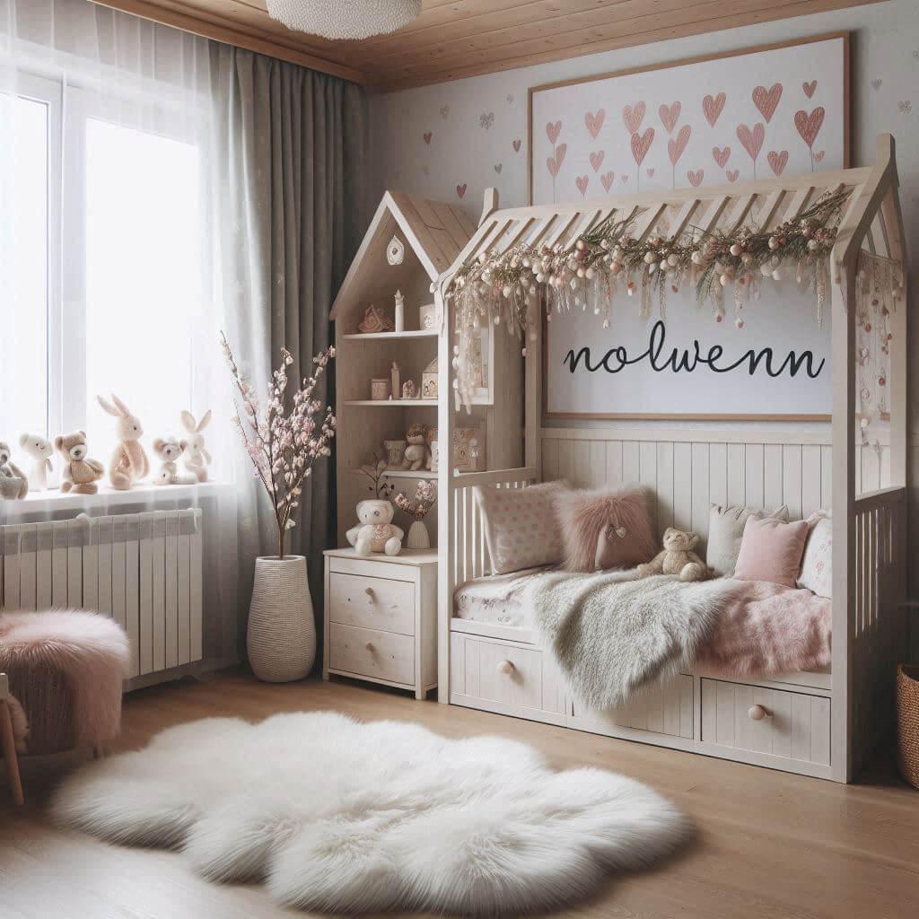 Une chambre de petite fille qui se nomme nolwenn avec un lit cabane un tapis de fourure inspire par le printemps nolwenn ecrit sur une affiche avec des coeurs 1 1