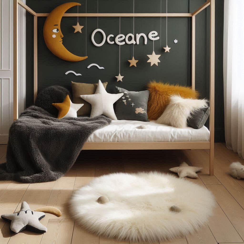Une chambre de petite fille qui se nomme oceane avec un lit cabane un tapis de fourrure style scandinave coussins en forme d etoiles coussins en forme de lune oceane est brode sur