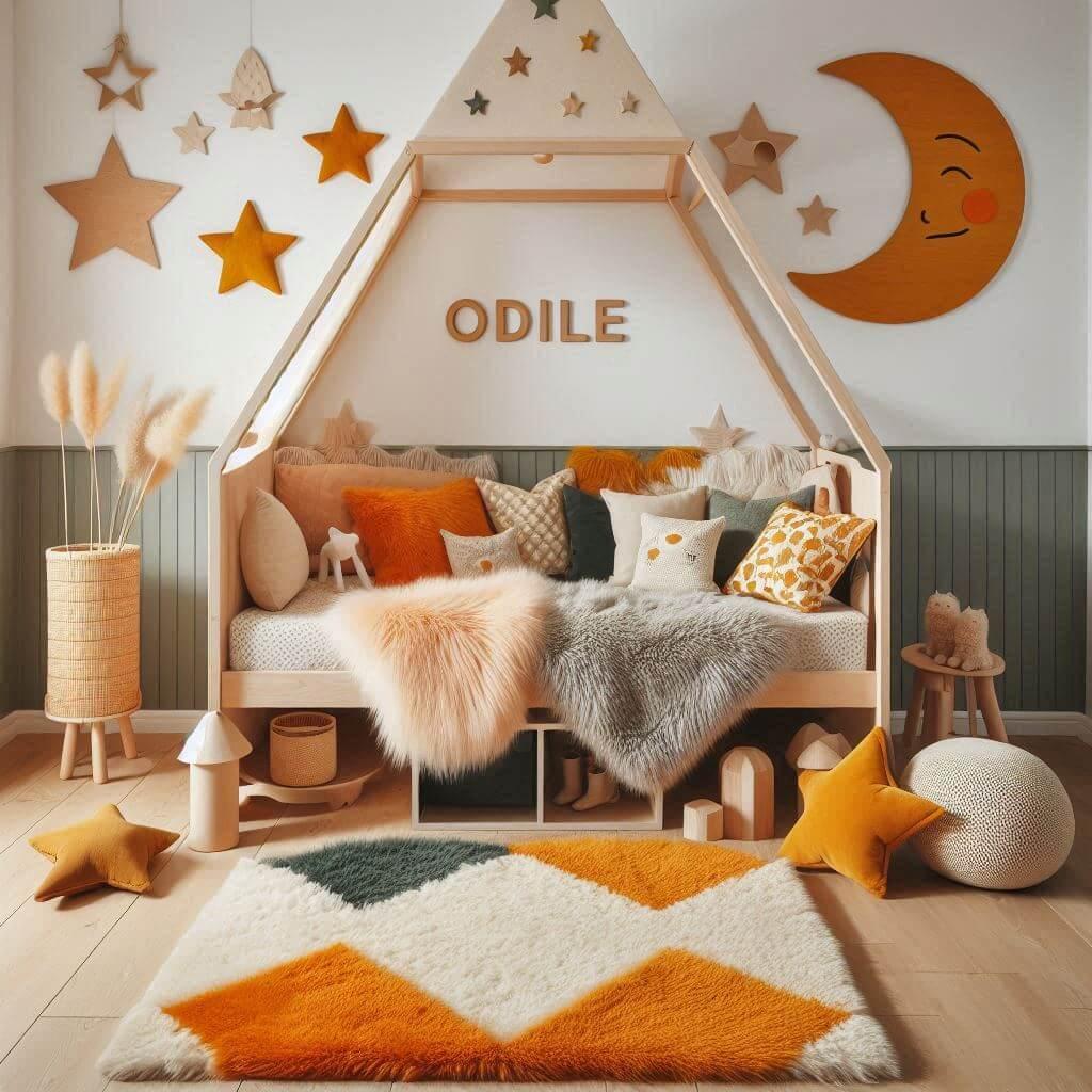 Une chambre de petite fille qui se nomme odile avec un lit cabane montessori un tapis de fourrure style scandinave coussins en forme detoiles coussins en forme de lune le prenom od