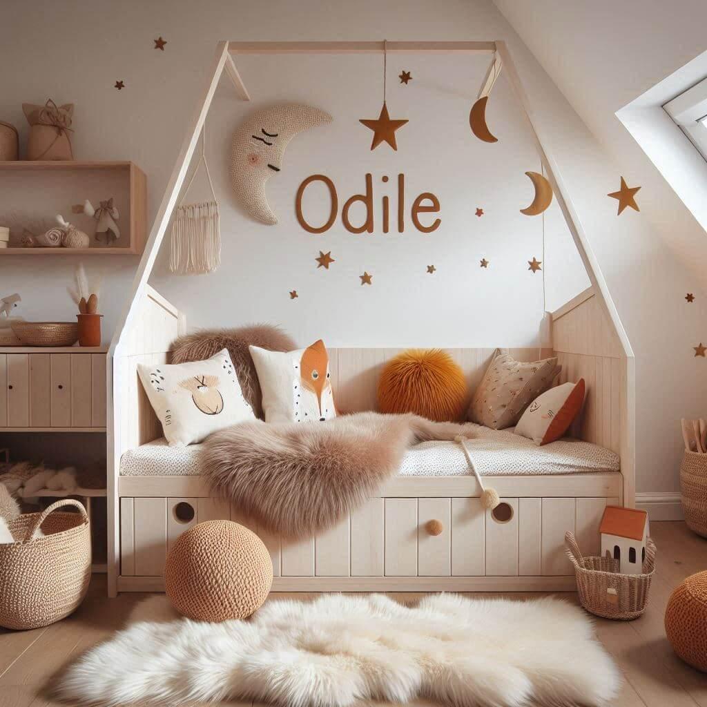 Une chambre de petite fille qui se nomme odile avec un lit cabane un tapis de fourure style scandinave coussins en forme detoiles coussins en forme de lune odile est brode sur un c