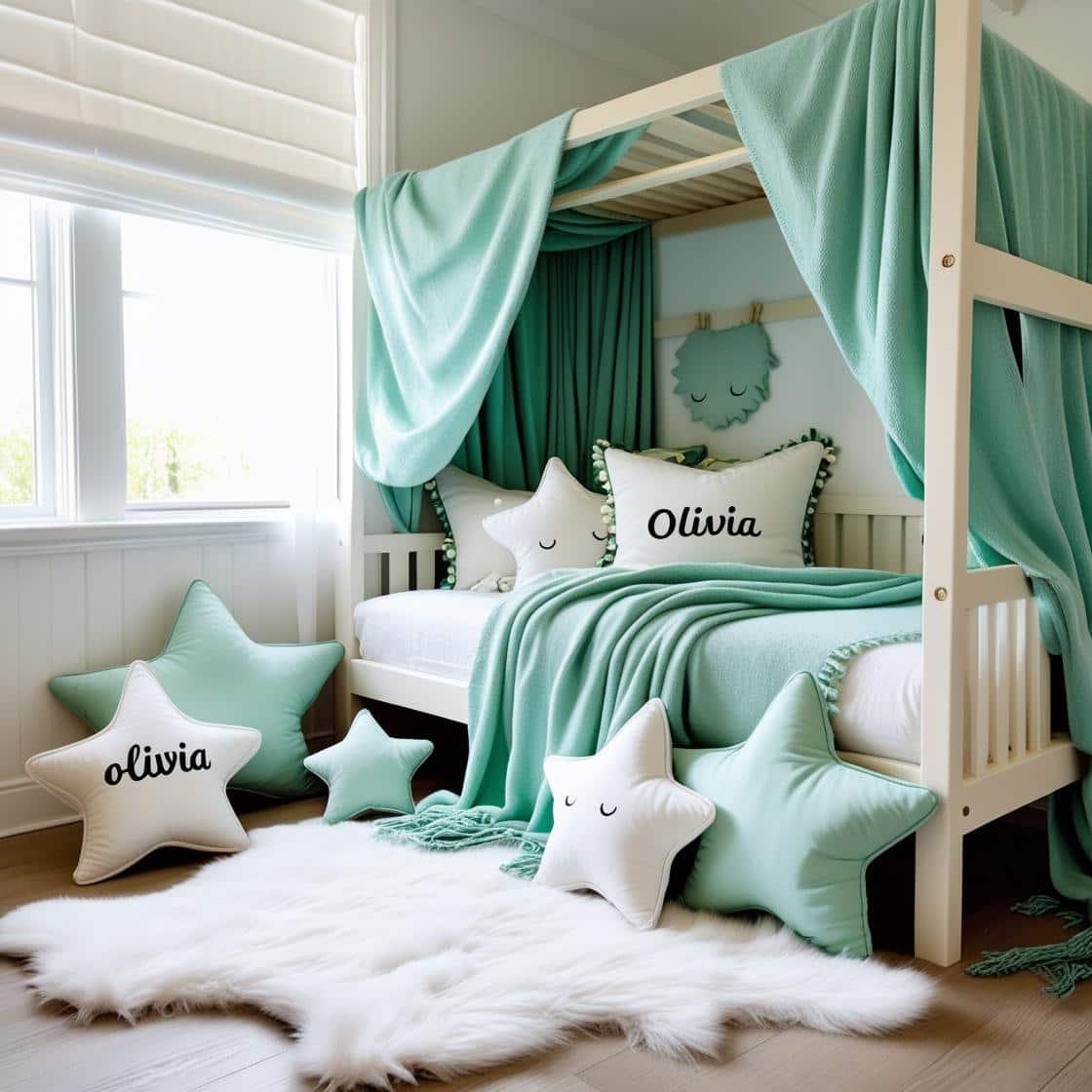 Une chambre de petite fille qui se nomme olivia avec un lit cabane un tapis de fourrure style scandinave coussins en forme d etoiles coussins en forme de lune couleur vert d eau bl