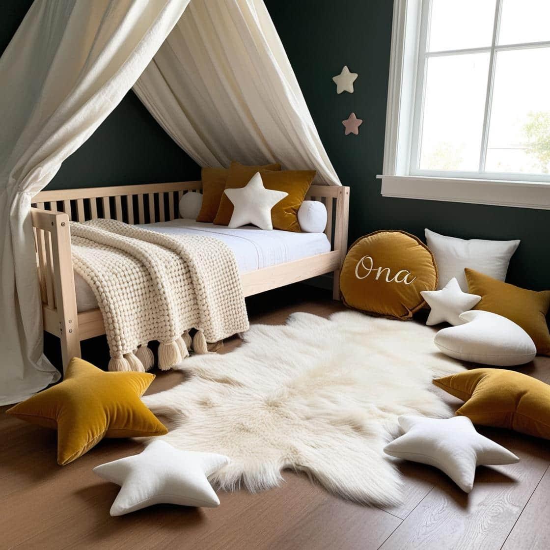 Une chambre de petite fille qui se nomme ona avec un lit cabane un tapis de fourrure style scandinave coussins en forme d etoiles coussins en forme de lune ona est brode sur un cou