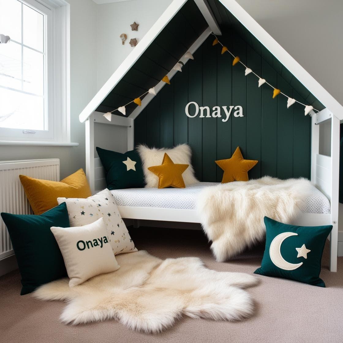 Une chambre de petite fille qui se nomme onaya avec un lit cabane un tapis de fourrure style scandinave coussins en forme d etoiles coussins en forme de lune onaya est brode sur un