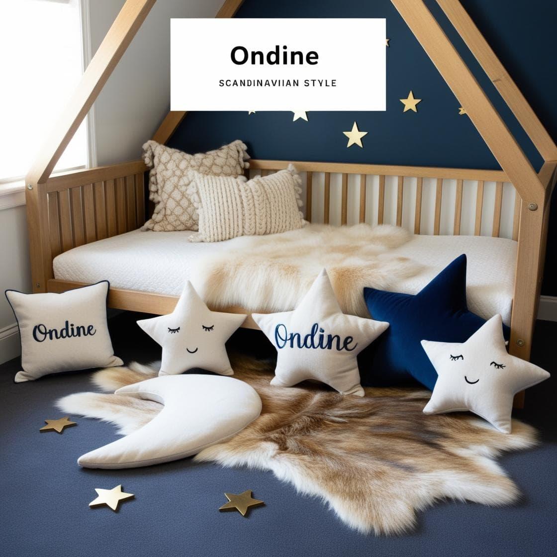 Une chambre de petite fille qui se nomme ondine avec un lit cabane un tapis de fourrure style scandinave coussins en forme d etoiles coussins en forme de lune ondine est brode sur