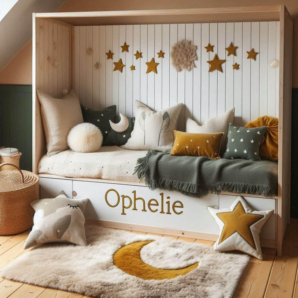 Une chambre de petite fille qui se nomme ophelie ecrit en francais avec un lit cabane un tapis de fourrure style scandinave coussins en forme d etoiles coussins en forme de lune op
