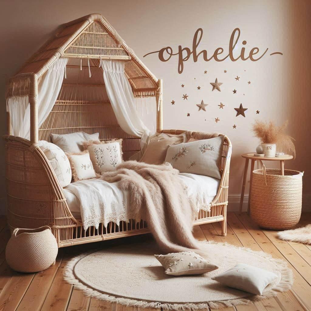 Une chambre de petite fille qui se nomme ophelie ecrit en latin avec un lit cabane en rotin un tapis en laine moelleuse style boheme chic une deco douce et naturelle des coussins e