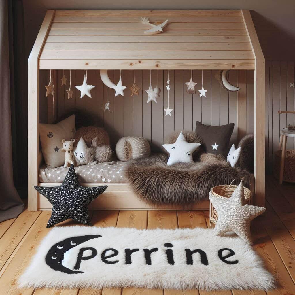 Une chambre de petite fille qui se nomme perrine avec un lit cabane un tapis de fourrure style scandinave coussins en forme d etoiles coussins en forme de lune perrine est brode su