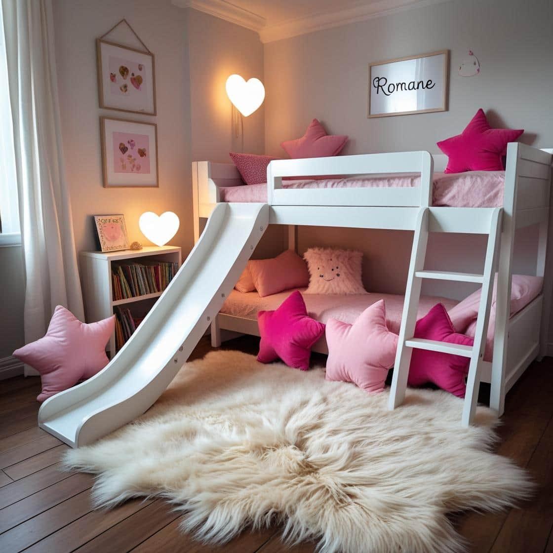 Une chambre de petite fille qui se nomme romane avec un lit cabane tobogan et echelle blanc un tapis de fourrure style scandinave 3 coussins en forme d etoiles coussins en forme de