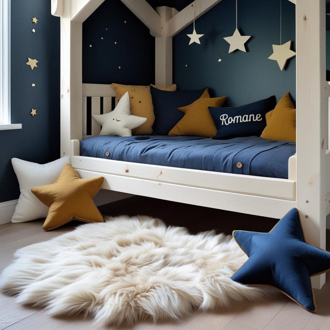 Une chambre de petite fille qui se nomme romane avec un lit cabane un tapis de fourrure style scandinave coussins en forme d etoiles coussins en forme de lune couleurs bleu fonce m