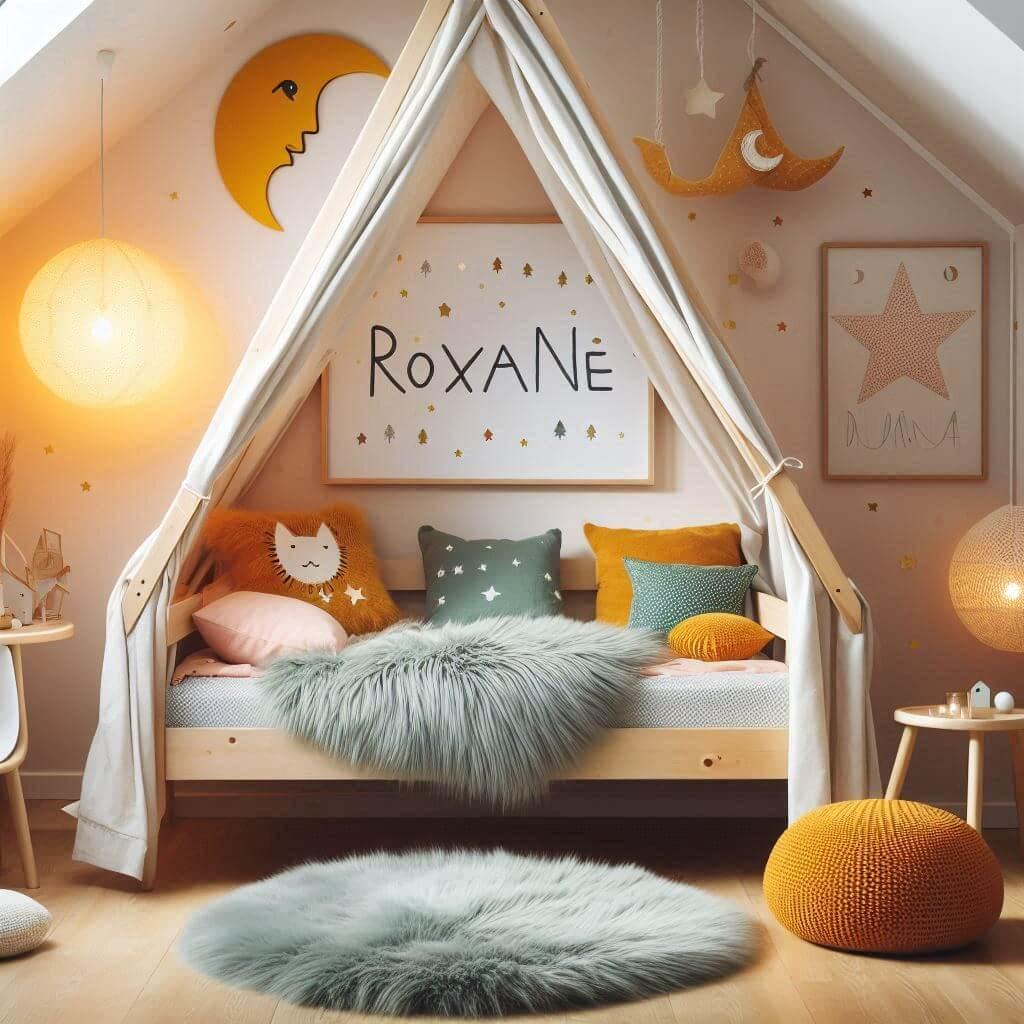 Une chambre de petite fille qui se nomme roxane avec un lit cabane un tapis de fourrure style scandinave coussins en forme de toiles coussins en forme de lune le prenom roxane ecri