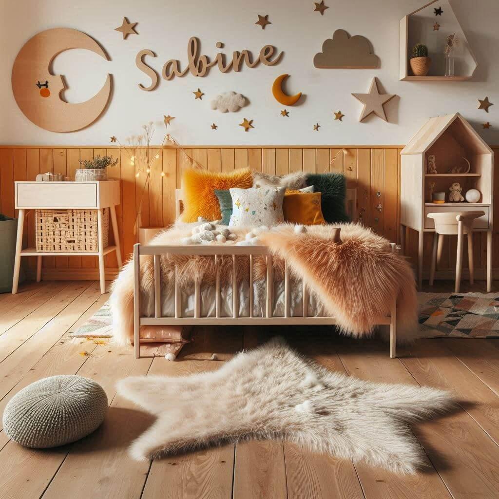Une chambre de petite fille qui se nomme sabine avec un lit cabane montessori un tapis de fourrure style scandinave coussins en forme detoiles coussins en forme de lune le prenom s