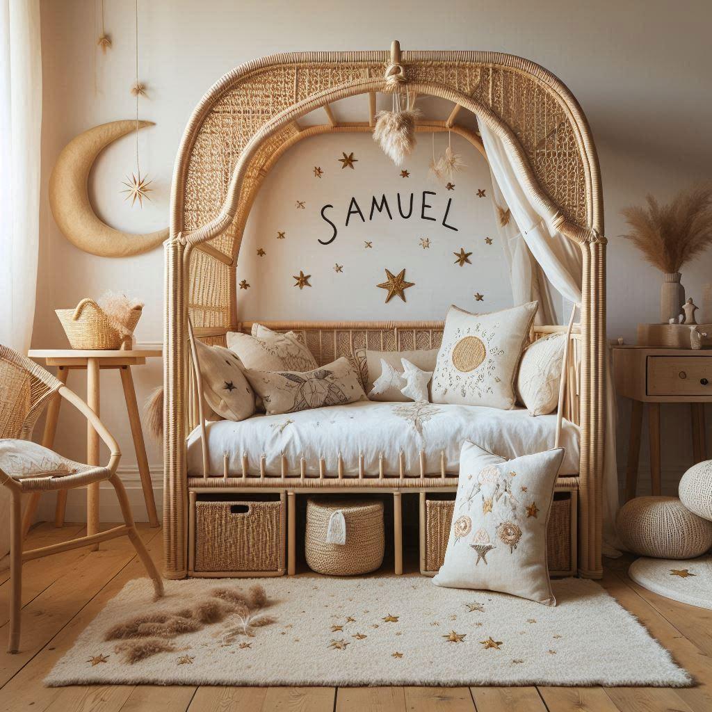 Une chambre de petite fille qui se nomme samuel avec un lit cabane en rotin un tapis en laine moelleuse style boheme chic