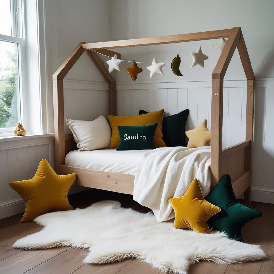 Une chambre de petite fille qui se nomme sandro avec un lit cabane un tapis de fourrure style scandinave coussins en forme d etoiles coussins en forme de lune sandro est brode sur