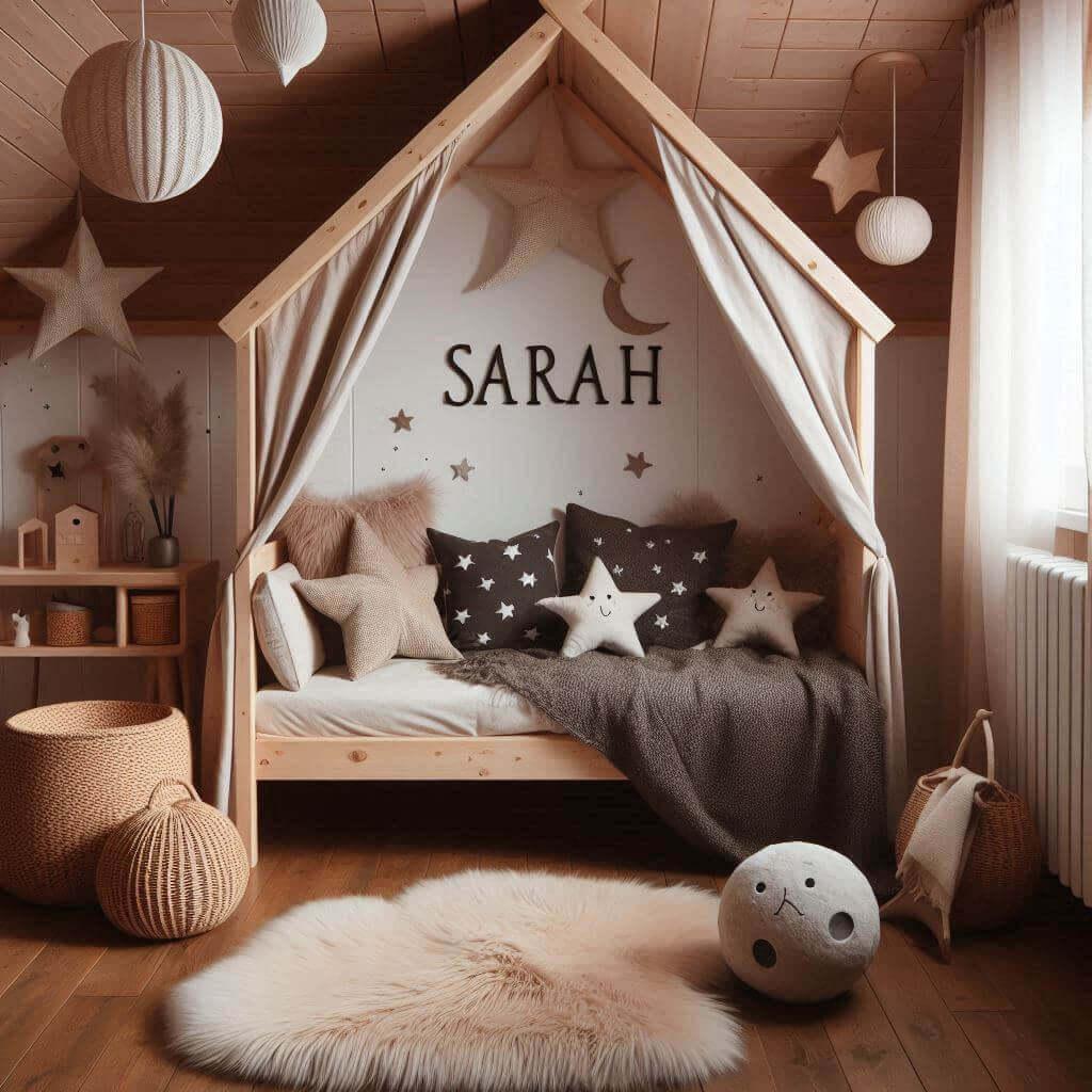 Une chambre de petite fille qui se nomme sarah avec un lit cabane un tapis de fourrure style scandinave coussins en forme d etoiles coussins en forme de lune sarah est brode sur un