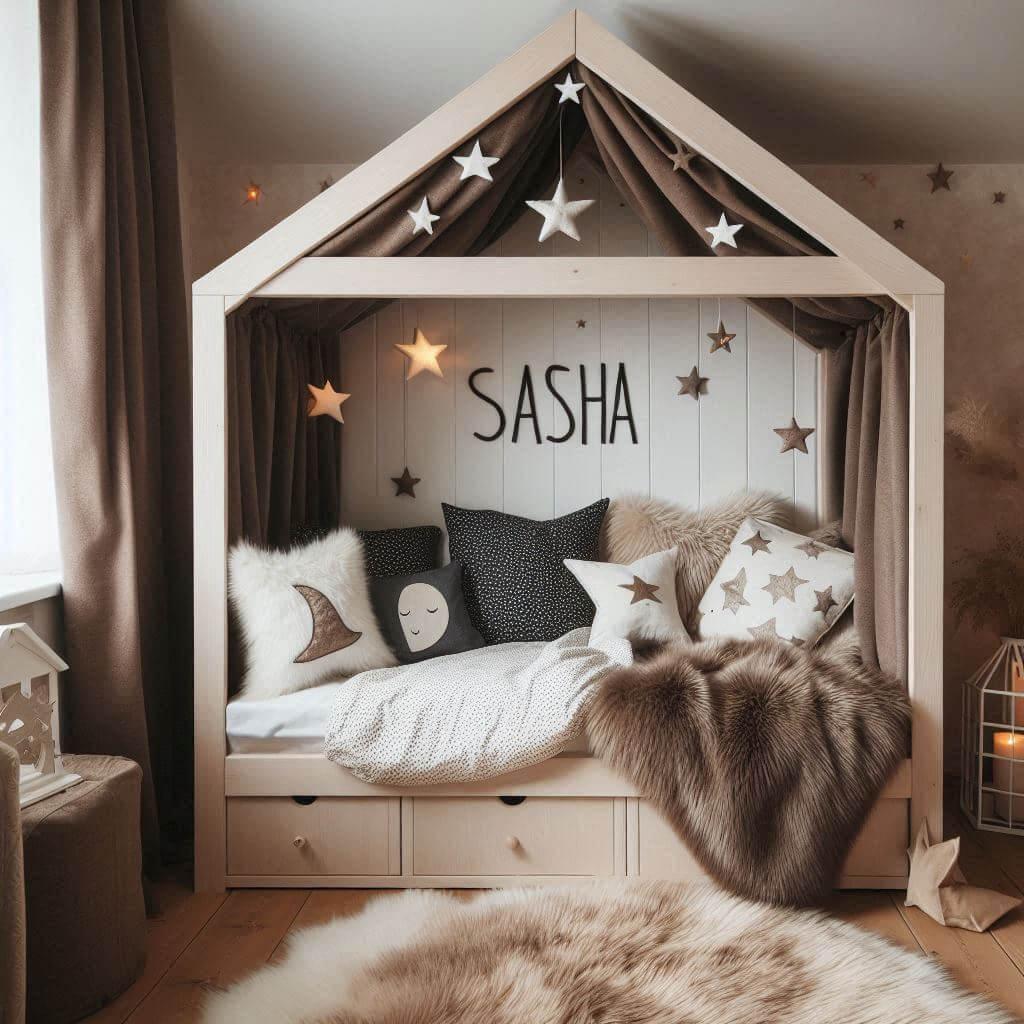 Une chambre de petite fille qui se nomme sasha avec un lit cabane un tapis de fourrure style scandinave coussins en forme d etoiles coussins en forme de lune sasha est brode sur un