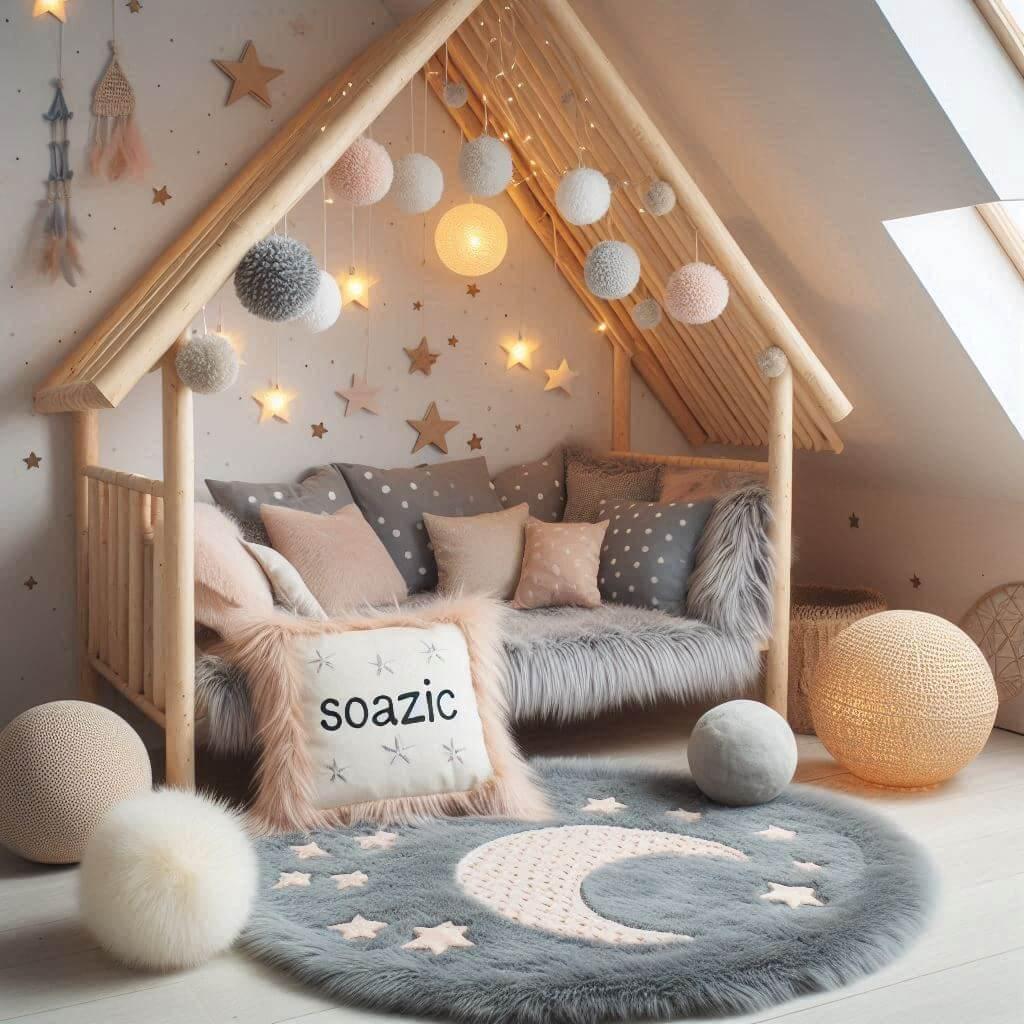 Une chambre de petite fille qui se nomme soazic avec un lit cabane un tapis de fourure style scandinave coussins en forme detoiles coussins en forme de lune soazic est brode sur un
