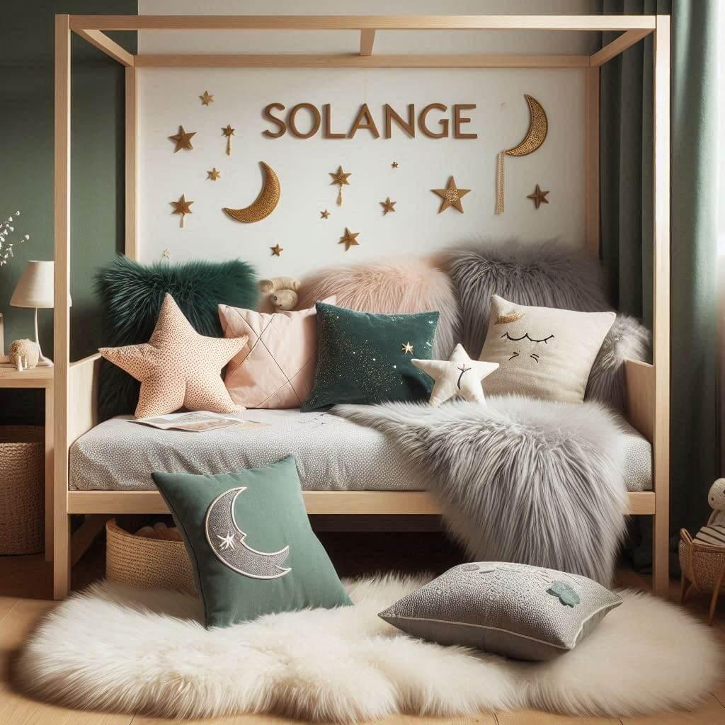 Une chambre de petite fille qui se nomme solange avec un lit cabane un tapis de fourrure style scandinave coussins en forme d etoiles coussins en forme de lune solange est brode su
