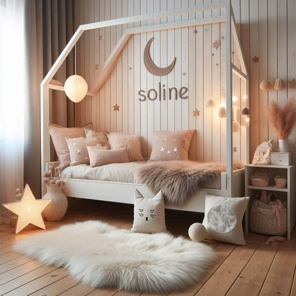 Une chambre de petite fille qui se nomme soline avec un lit cabane un tapis de fourure style scandinave coussins en forme detoiles