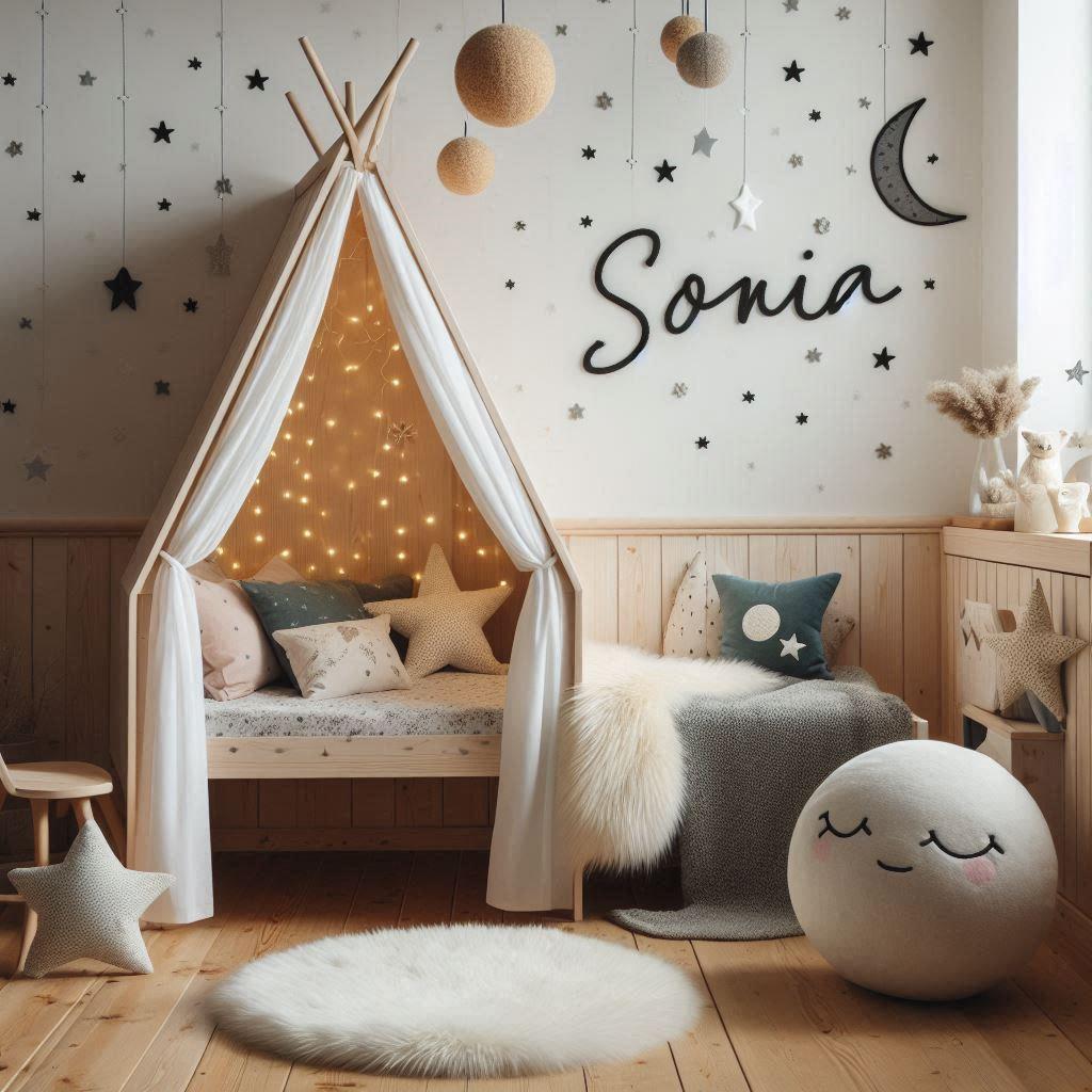 Une chambre scandinave de petite fille qui se nomme sonia avec un lit cabane un tapis de fourure style scandinave coussins en forme detoiles coussins en forme de lune sonia