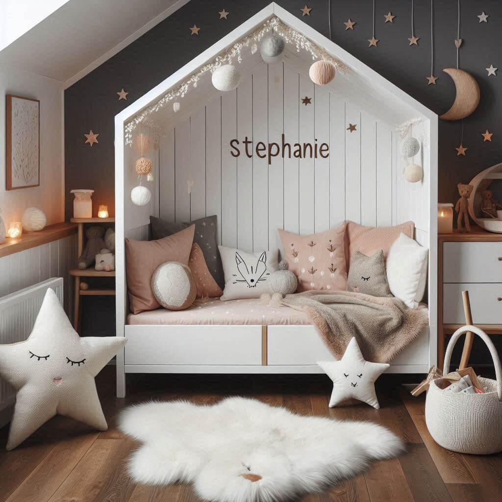 Une chambre de petite fille qui se nomme stephanie avec un lit cabane un tapis de fourure style scandinave coussins en forme detoiles coussins en forme de lune pauline est brode su