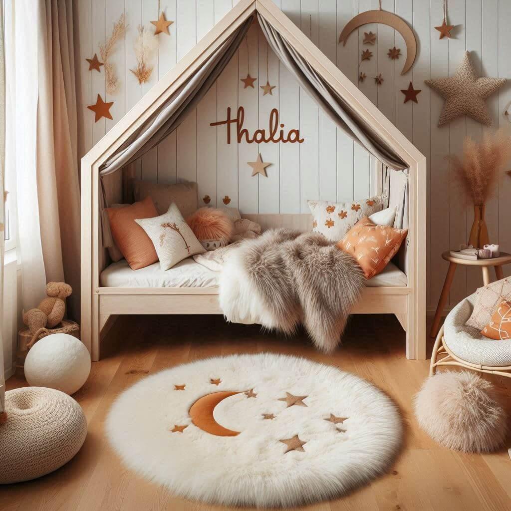 Une chambre de petite fille qui se nomme thalia avec un lit cabane un tapis de fourure style scandinave