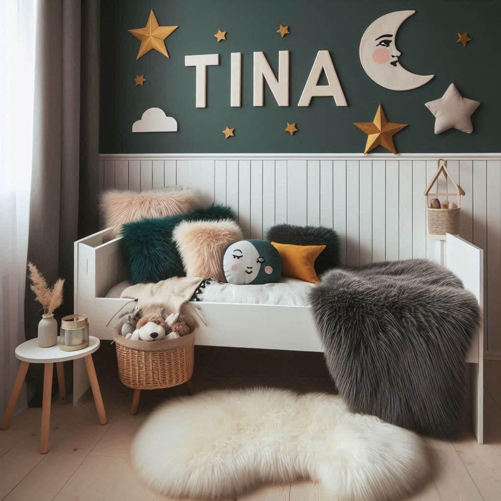 Une chambre de petite fille qui se nomme tina avec un lit cabane un tapis de fourrure style scandinave des coussins en forme d etoiles et de lune tina est brode sur un coussin coul