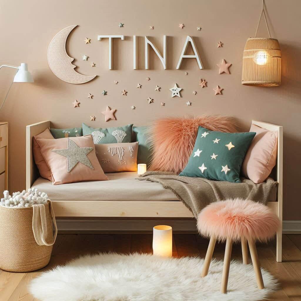 Une chambre de petite fille qui se nomme tina avec un lit simple un tapis de fourrure style scandinave des coussins en forme d etoiles et de lune le prenom tina est ecrit sur une p
