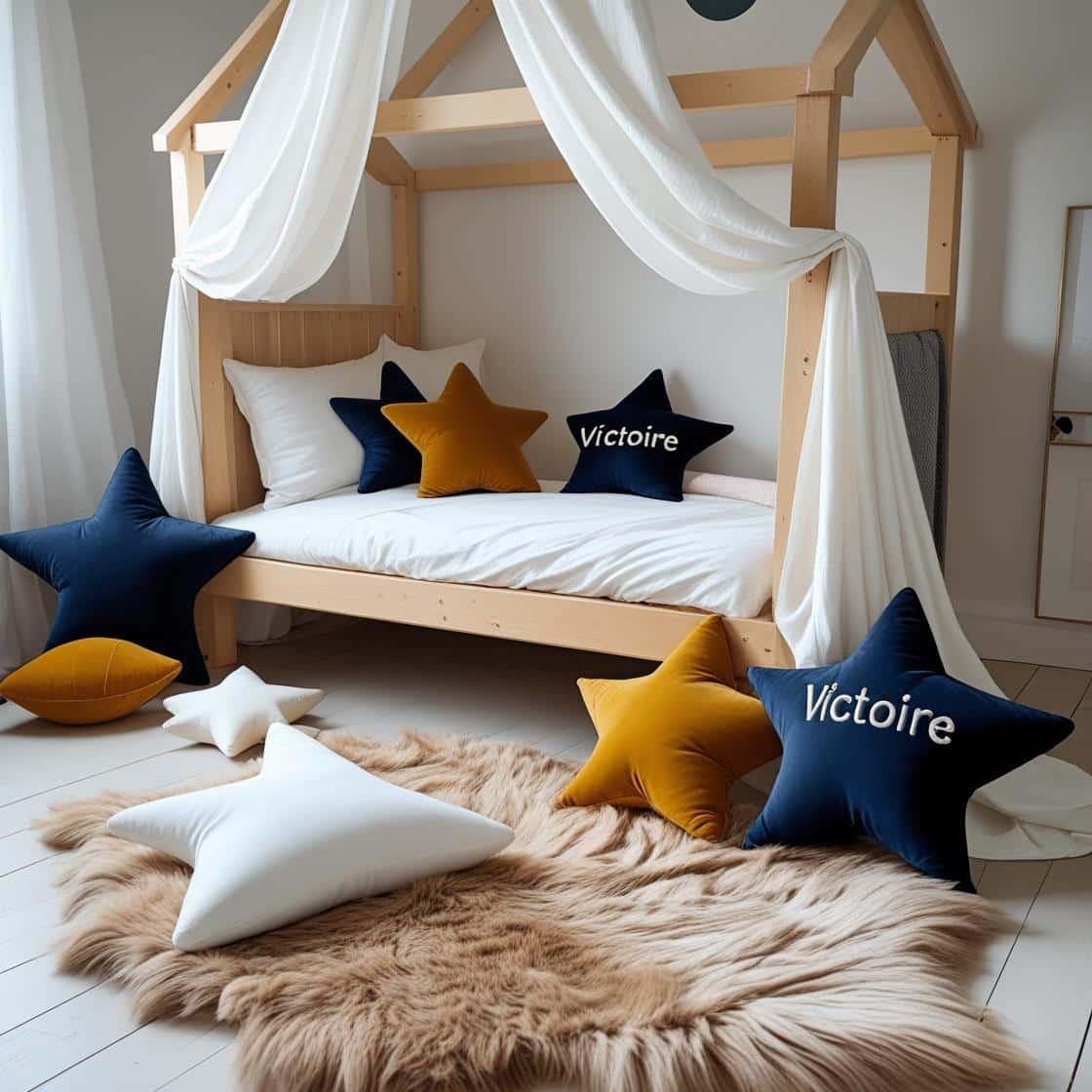 Une chambre de petite fille qui se nomme victoire avec un lit cabane un tapis de fourrure style scandinave coussins en forme d etoiles coussins en forme de lune couleurs bleu fonce