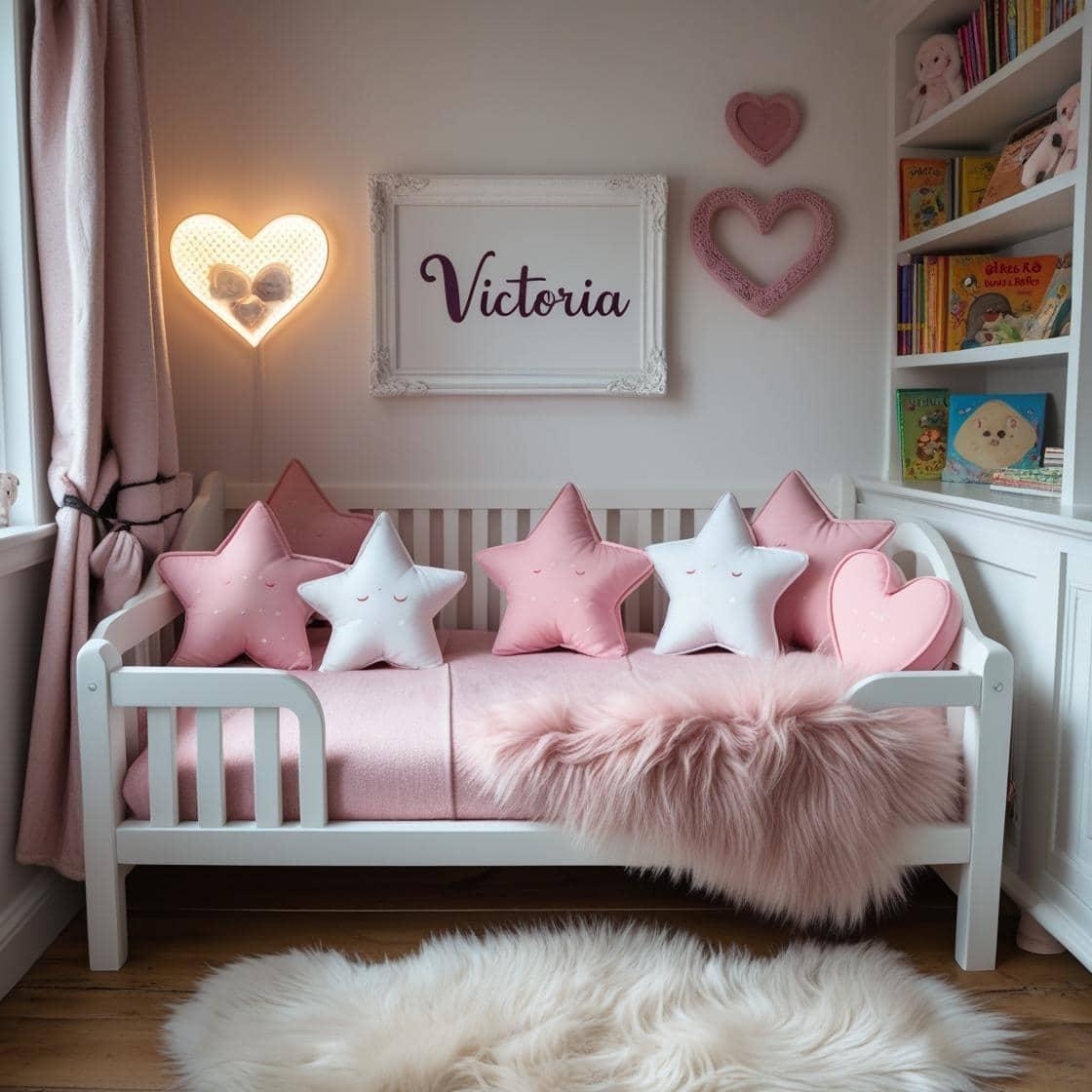 Une chambre de petite fille qui se nomme victoria avec un lit cabane blanc un tapis de fourrure style scandinave 3 coussins en forme d etoiles coussins en forme de lune en forme de