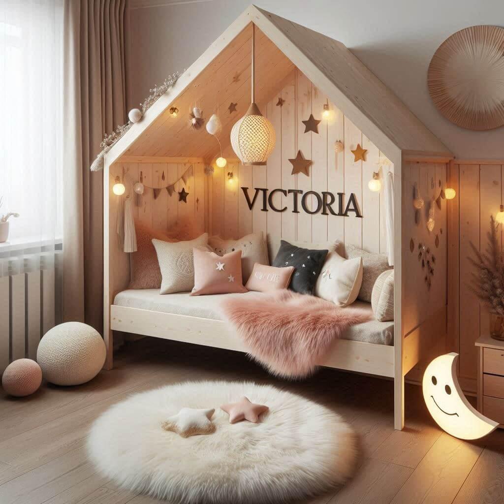 Une chambre de petite fille qui se nomme victoria avec un lit cabane un tapis de fourrure style scandinave coussins en forme de toiles coussins en forme de lune le prenom victoria