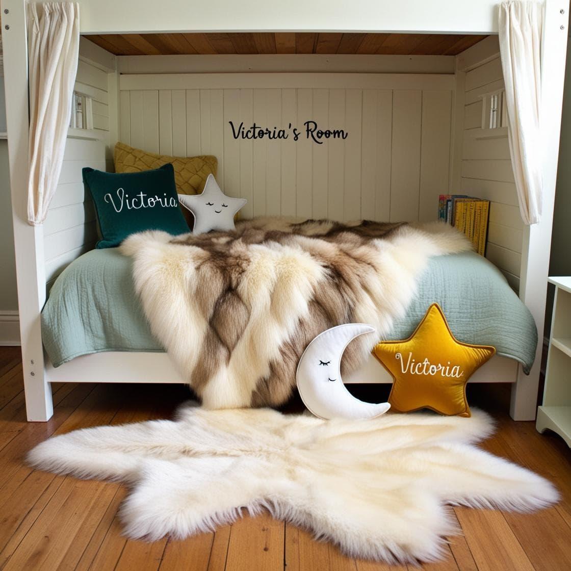 Une chambre de petite fille qui se nomme victoria avec un lit cabane un tapis de fourrure style vintage coussins en forme d etoiles coussins en forme de lune victoria est brode sur