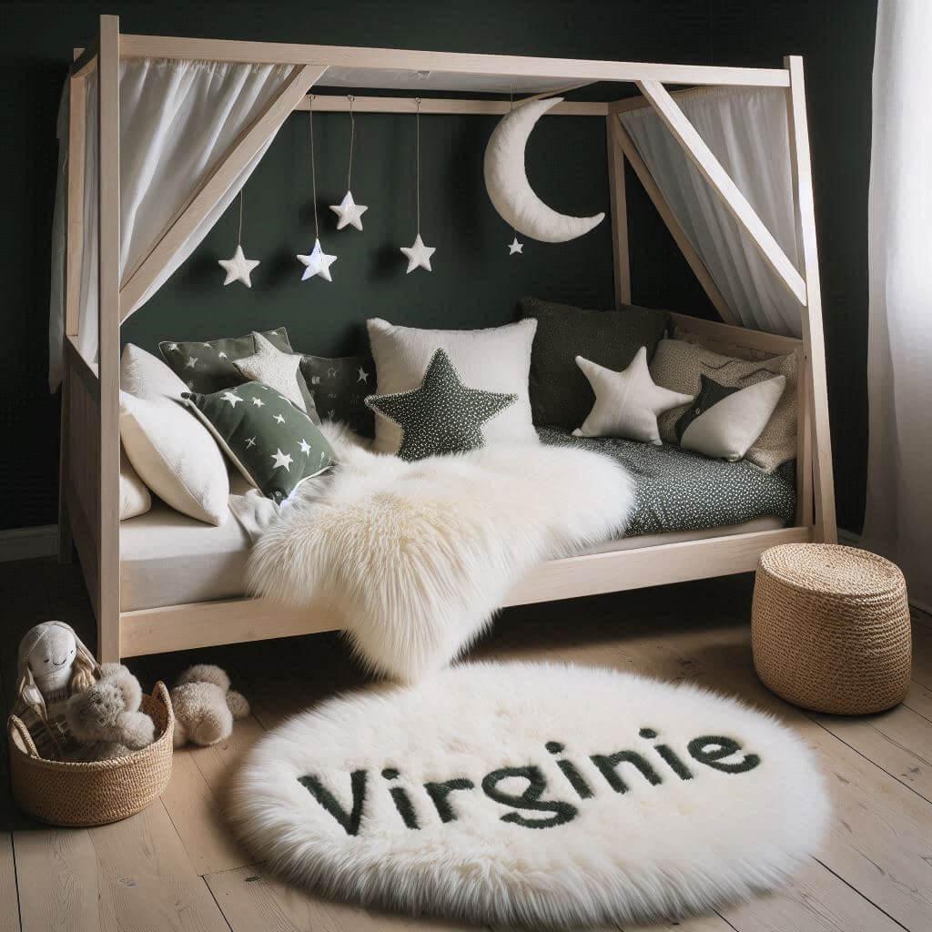 Une chambre de petite fille qui se nomme virginie ecrit en francais avec un lit cabane un tapis de fourrure style scandinave coussins en forme d etoiles coussins en forme de lune v