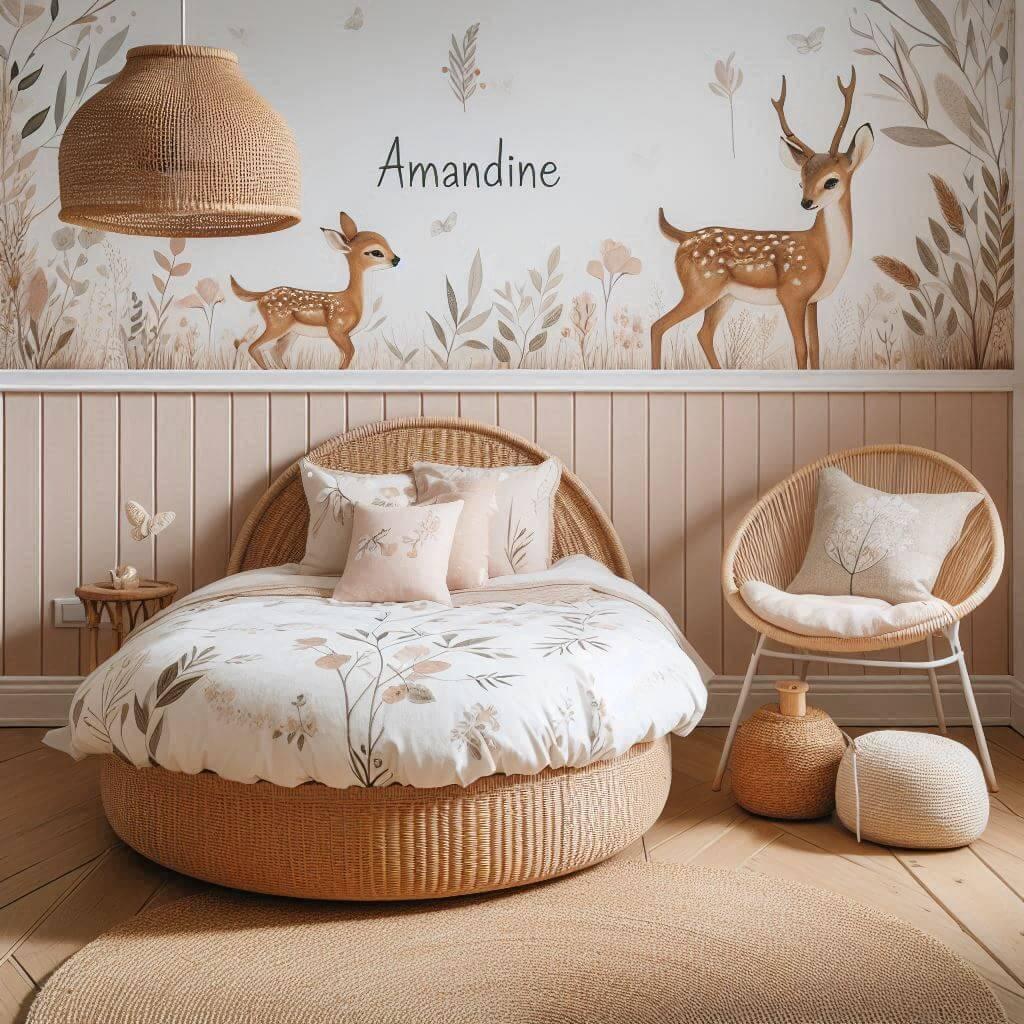 Une chambre de petite fille sur le theme des faons pour une fille nommee amandine lit rond sur les draps les murs sont decores de douces illustrations de faons de arbres de feuille