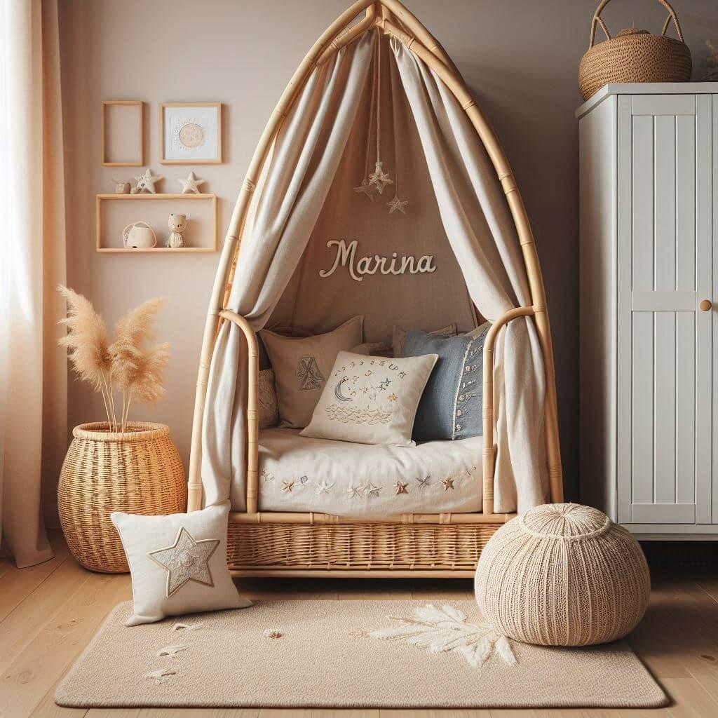 Une chambre de petite flle qui se nomme marina avec un lit cabane en rotin un tapis en laine moelleuse style boheme chic une deco douce et naturelle des coussins en lin brode en fo