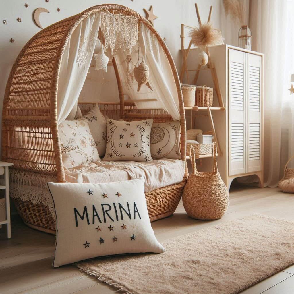 Une chambre de petite flle qui se nomme marina avec un lit cabane en rotin un tapis en laine moelleuse style boheme chic une deco douce et naturelle des coussins en lin brode en fo