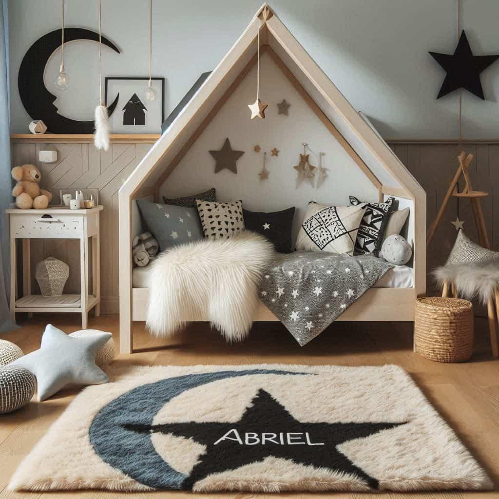 Une chambre de petite garcon qui se nomme abriel avec un lit cabane un tapis de fourrure style scandinave coussins en forme d etoiles coussins en forme de lune abriel est brode sur
