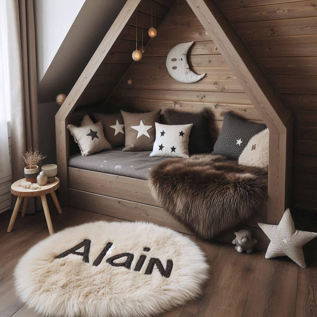 Une chambre de petite garcon qui se nomme alain avec un lit cabane un tapis de fourrure style scandinave coussins en forme d etoiles coussins en forme de lune alain est brode sur u