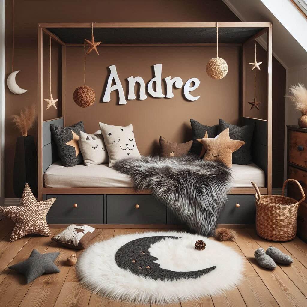 Une chambre de petite garcon qui se nomme andre avec un lit cabane un tapis de fourrure style scandinave coussins en forme d etoiles coussins en forme de lune andre est brode sur u
