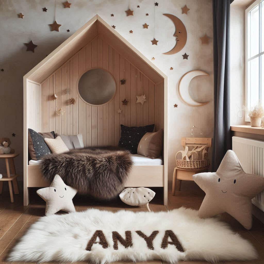 Une chambre de petite fille qui se nomme anya avec un lit cabane un tapis de fourure style scandinave coussins en forme detoiles coussins en forme de lune anya