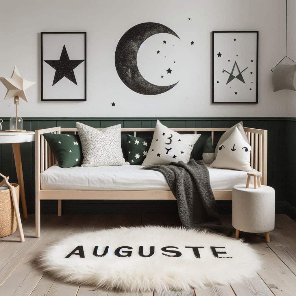 Une chambre de petite garcon qui se nomme auguste avec un lit montessori un tapis de fourrure style scandinave coussins en forme d etoiles coussins en forme de lune auguste ecrit e