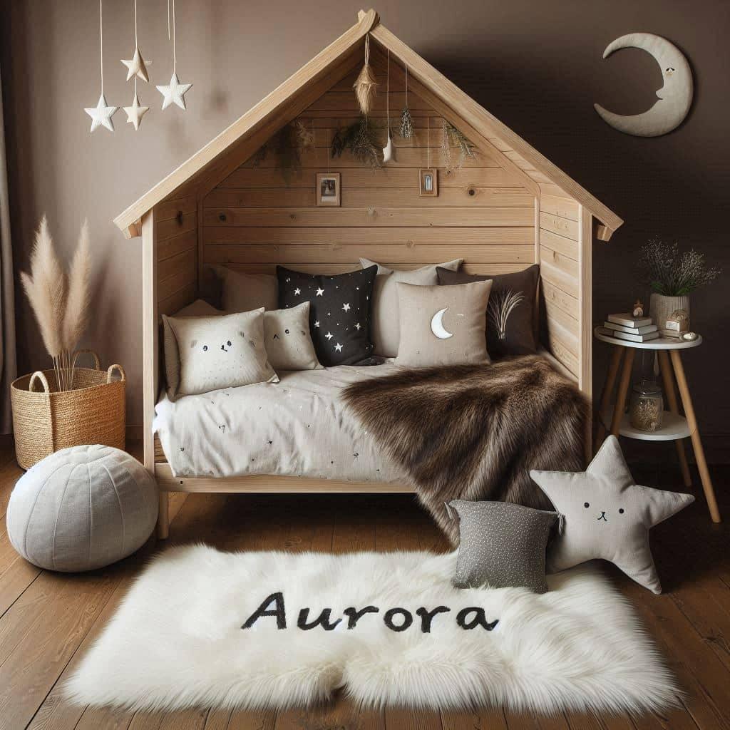 Une chambre de petite garcon qui se nomme aurora avec un lit cabane un tapis de fourrure style scandinave coussins en forme d etoiles coussins en forme de lune aurora est brode sur