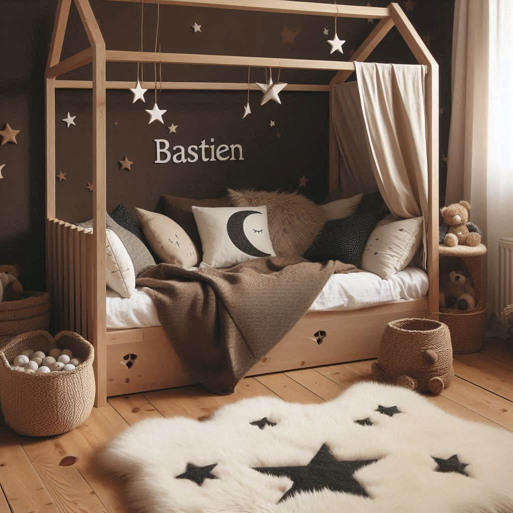 Une chambre de petite garcon qui se nomme bastien avec un lit cabane un tapis de fourure style scandinave coussins en forme detoiles
