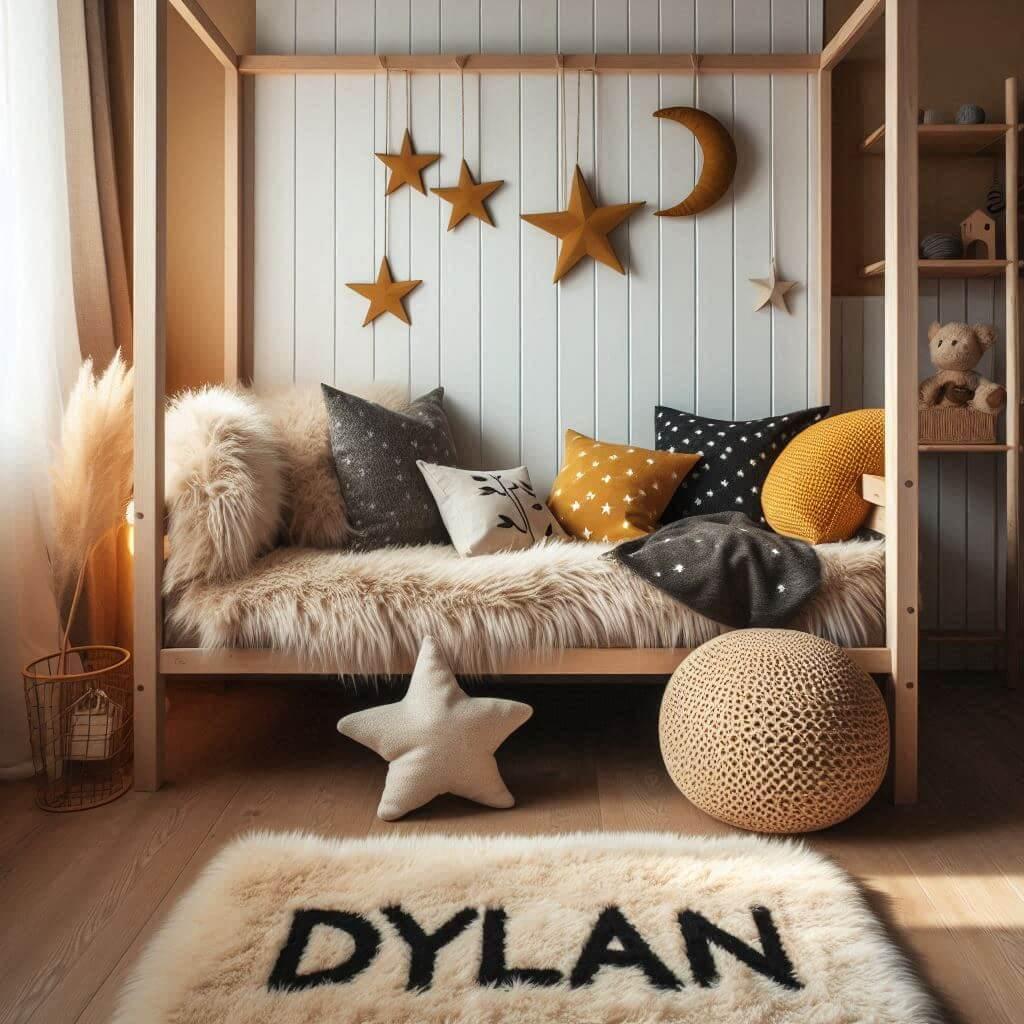 Une chambre de petite garcon qui se nomme dylan avec un lit cabane un tapis de fourrure style scandinave coussins en forme d etoiles coussins en forme de lune dylan est brode sur u