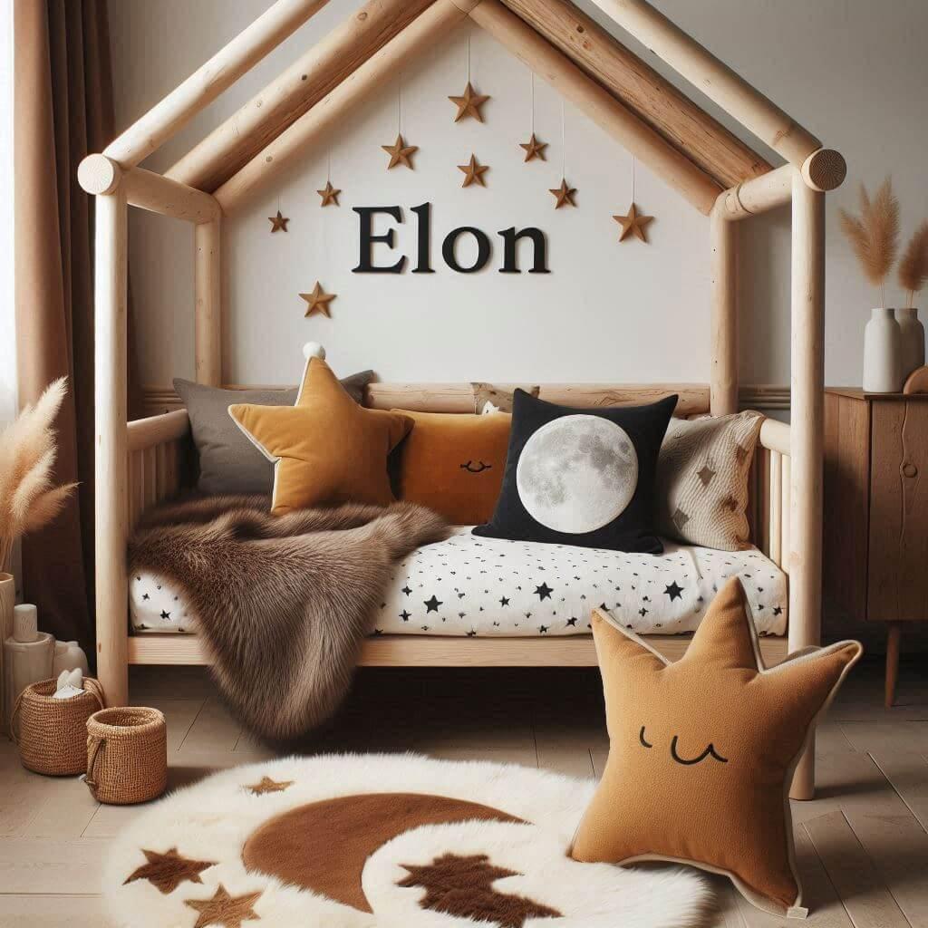 Une chambre de petite garcon qui se nomme elon avec un lit cabane un tapis de fourrure style scandinave coussins en forme d etoiles coussins en forme de lune elon est brode sur un
