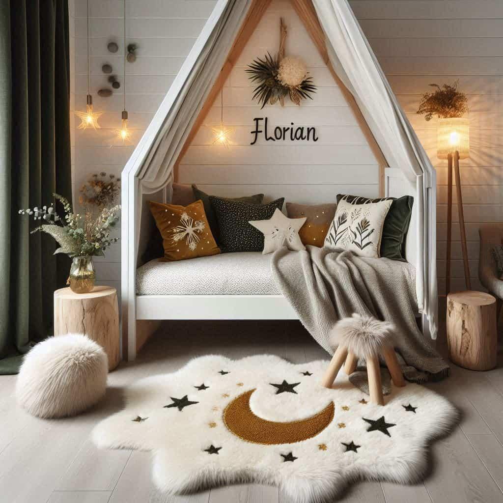 Une chambre de petite garcon qui se nomme florian avec un lit cabane un tapis de fourrure style scandinave